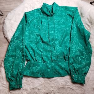 Women Vintage Notches Green Blouse